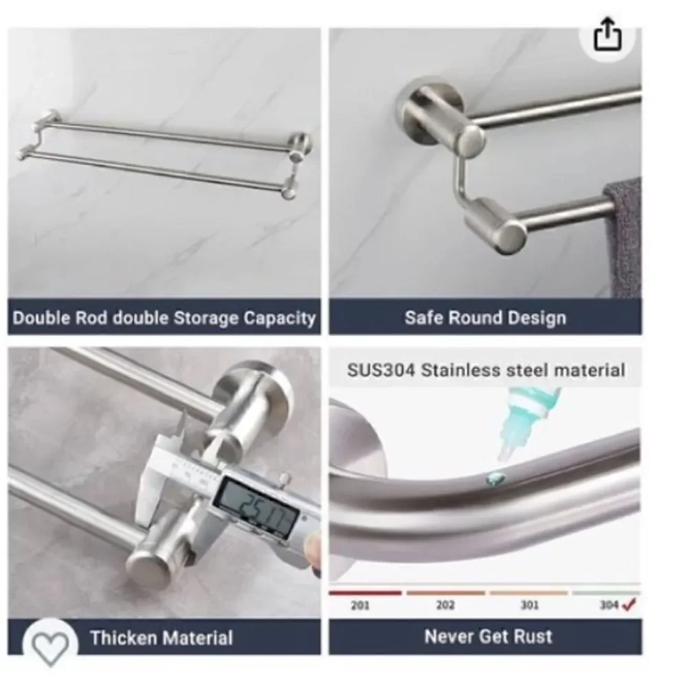 *NEW*Set Of 2 TocTen Stainless Steel Thicken Wall Mounted Double Bath Towel Bar